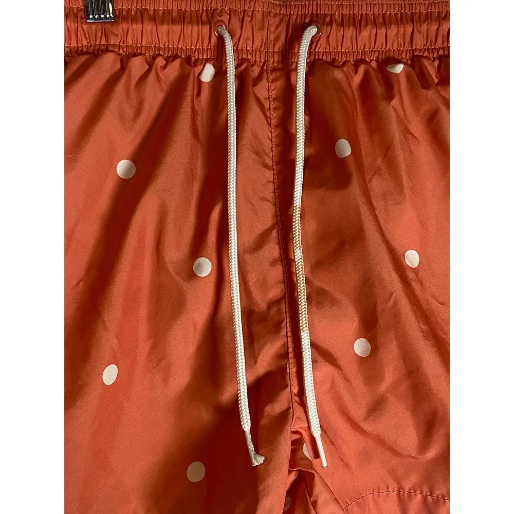 H&M‎ Men's Medium Coral White Polka Dot Lined Drawstring Swim Trunks